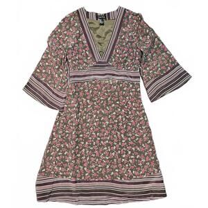 Central Park Boho M Silk Dress Lined Empire Floral Stripe Brown Pink Tie 3/4